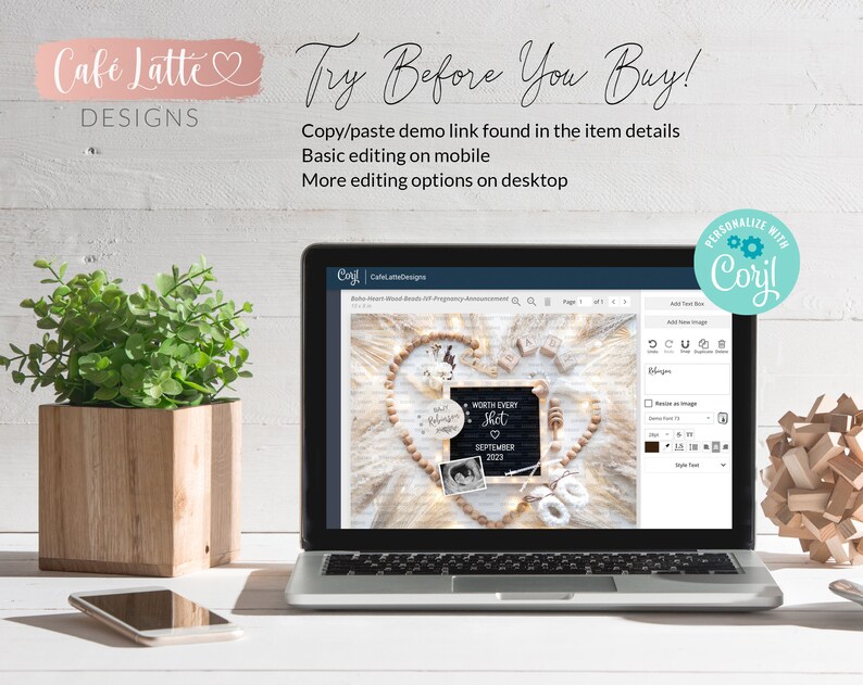 May include: A laptop computer screen displaying a mockup of a pregnancy announcement with a heart made of wooden beads, a chalkboard sign that says "Worth Every Shot", and a photo of an ultrasound. The text "PERSONALIZE WITH Corjl" is in a blue circle in the upper right corner of the screen.