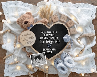 Boy Gender Reveal Baby Announcement For Social Media, Digital Boho Boy Teddy Bear Pregnancy Announcement Heart Chalkboard, Editable DIY