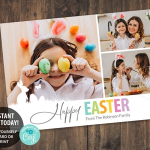 EASTER Family Photo Editable Printable Card, Personalized Card with kids baby family pics photoshoot, Happy, Bunny Eggs, 5x7, Instant DIY