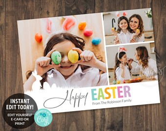 EASTER Family Photo Editable Printable Card, Personalized Card with kids baby family pics photoshoot, Happy, Bunny Eggs, 5x7, Instant DIY