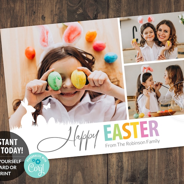 Easter Family Photo Editable Printable Card, Carte personnalisée avec enfants bébé photos de famille photoshoot, Happy, Bunny Eggs, 5x7, Instant DIY