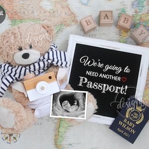 TRAVEL Baby-Schwangerschaftsankündigung, größtes Abenteuer beginnt Social Media Reveal, digitaler zukünftiger Weltreisender, ein weiterer Pass, Geschwisterkind