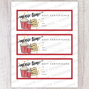 Movie Gift Certificate, Birthday Gift Certificate Printable, Movie Gift ...