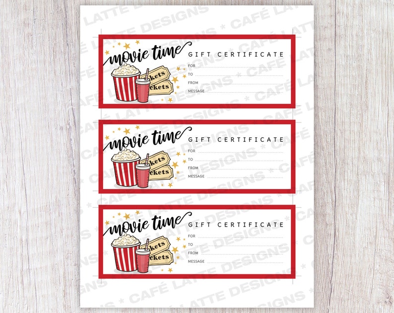 Movie Gift Certificate Birthday Gift Certificate Printable | Etsy Canada