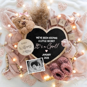 Annuncio di gravidanza digitale per rivelare il sesso della bambina, modello modificabile per rivelare il sesso della bambina per il marito, rivelazione del bambino Boho Bear