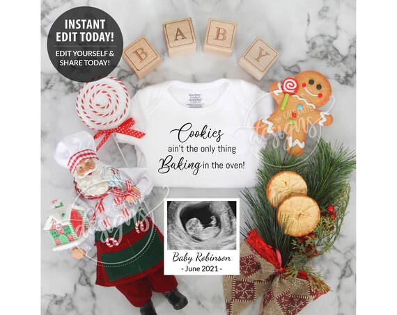 Editable CHRISTMAS Pregnancy Announcement Social Media, Winter Baby Santa Claus, Cookies Baking Oven, Digital Instant Reveal, Corjl DIY Il_570xn