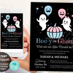Modèle modifiable d'invitation de révélation de sexe d'Halloween, invitation à une fête d'anniversaire fantôme garçon ou goule, carte imprimable garçon ou fille bricolage instantané
