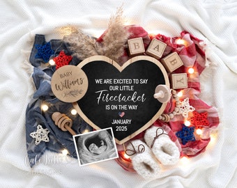 Fourth of July Digital Pregnancy Announcement, 4th July Baby Announcement Digital, Editable Template Instant Download, Little Firecracker