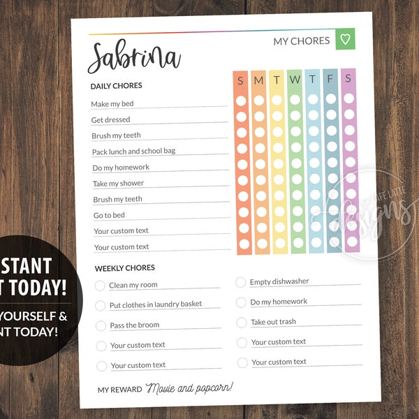 Daily Weekly Chore Chart Editable Printable, Responsibility Chart, Custom Template, Kids Teen Rewards Chart, Rainbow Color Planner DIY Corjl