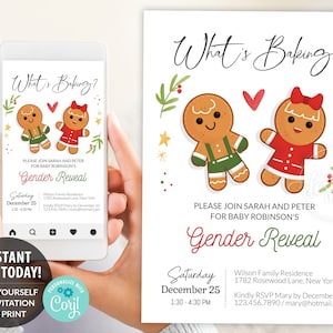 Révélation de sexe de Noël Invitation modifiable imprimable, Qu’est-ce qui fait cuire Pain d’épices E-Invitation Party Invite, Garçon ou fille, Carte Instant DIY 5x7