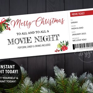 CHRISTMAS Movie Night Ticket Gutschein Überraschung, Geschenkgutschein druckbare editierbare Vorlage, personalisiert, Kinder Jugendliche, Instant DIY Corjl