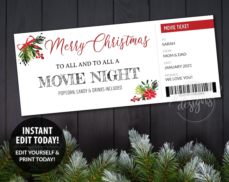 CHRISTMAS Movie Night Ticket Gift Coupon Surprise Gift Etsy