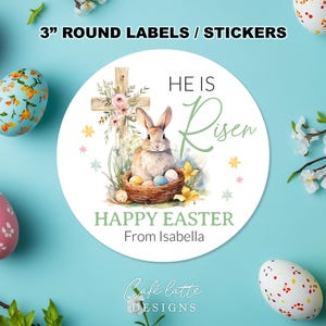 He Is Risen Easter Round Labels, Easter Stickers 3 Inches, Cricut Sticker Template, Avery Round Circle Stickers, DIY Printable Gift Tags
