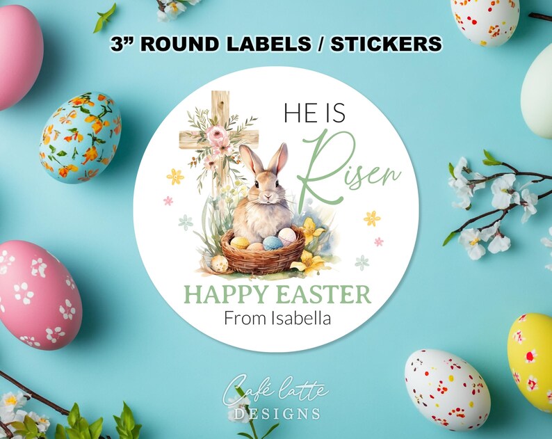 easter stickers printable, easter stickers template, easter cricut stickers, he is risen stickers, avery easter stickers religious cross and bunny rabbit, easter round label template, easter 3 inch round labels editable template, instant download DIY, Easter candy treat bag gift tags for church
