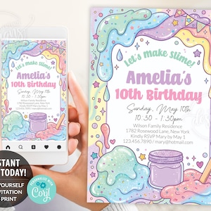 Peut inclure: Un modèle d'invitation d'anniversaire numérique avec une bordure sur le thème du slime, composée de gouttes, d'étoiles et de cœurs pastel bleus, roses et jaunes. Le texte indique Let's make slime! Amelia's 10th Birthday, Sunday, May 10th, 10:30 - 1:30pm, avec des détails de lieu et de contact ainsi qu'une illustration de pot de slime violet.
