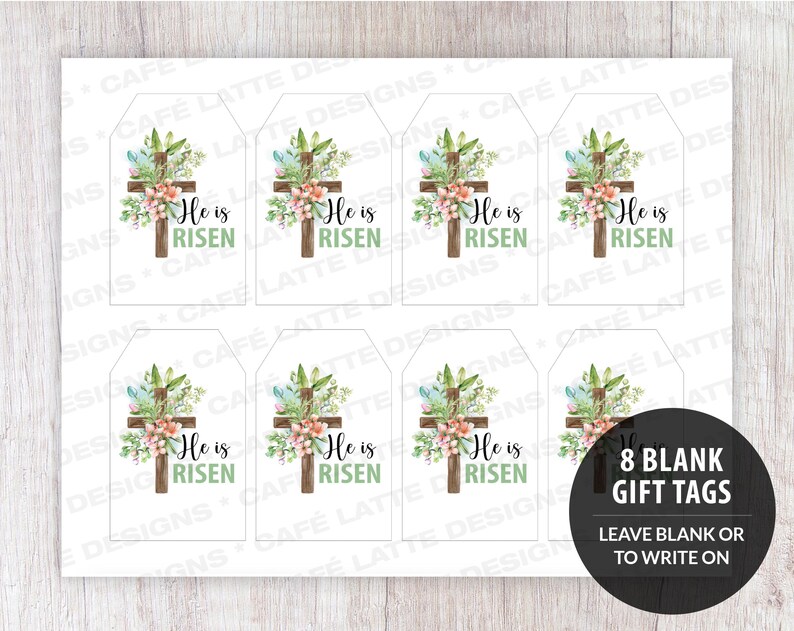 He is Risen gift tags printable, Easter religious gift tags editable template, Happy Easter gift tags DIY, Easter church celebration labels, Easter gift tags with cross flowers and Easter eggs, Easter gift tags instant download