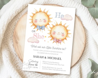 Little Sunshine Gender Reveal Invitation Editable Template, He or She Sun Summer Baby E-Invitation Party Invite, Digital Printable DIY