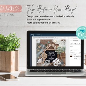 Op de afbeelding: Een laptopscherm dat een mockup toont van een baby-aankondigingsontwerp met een krijtbord waarop staat "We've been keeping a wee little secret" en een foto van een baby-echo. Het ontwerp is aanpasbaar met de Corjl-app.