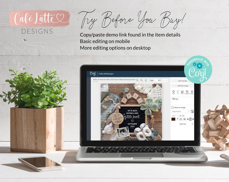 Op de afbeelding: Een laptopscherm dat een mockup toont van een baby-aankondigingsontwerp met een krijtbord waarop staat "We've been keeping a wee little secret" en een foto van een baby-echo. Het ontwerp is aanpasbaar met de Corjl-app.