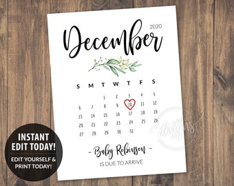 DECEMBER Due Date Calendar Printable, Baby Pregnancy Announcement, Digital Photo Prop, Christmas Editable Corjl, For Husband Grandparents