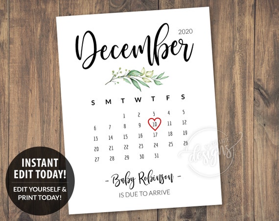 Download December Due Date Calendar Printable Baby Pregnancy Announcement Digital Photo Prop Christmas Editable Corjl For Husband Grandparents By Cafe Latte Designs Catch My Party