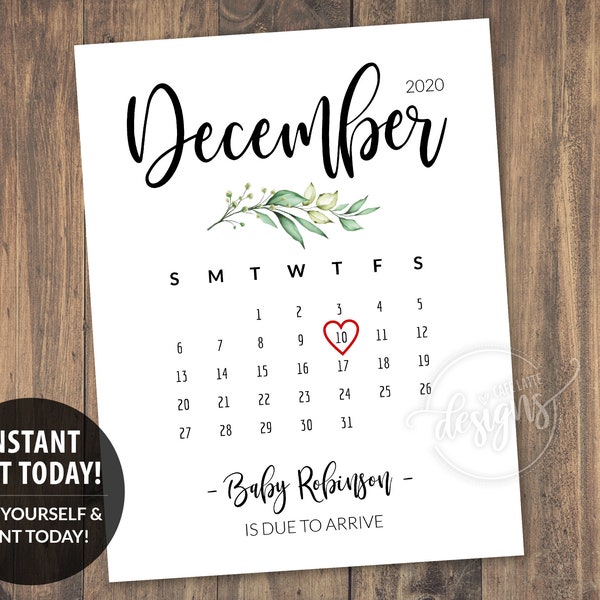 DECEMBER Due Date Calendar Printable, Baby Pregnancy Announcement, Digital Photo Prop, Christmas Editable Corjl, For Husband Grandparents