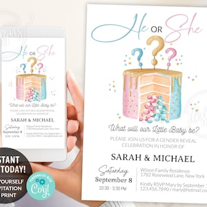 Plantilla editable imprimible para invitación de revelación de género, invitación electrónica para fiesta con pastel rosa y azul, tarjeta DIY instantánea, 5x7
