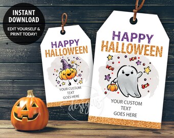 HALLOWEEN Printable Gift Tags, Editable Personalized Favor Tags Template with Ghost, Pumpkin, Cat & Candy, Instant Download Labels Kids DIY