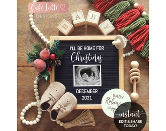 Editable Christmas Pregnancy Announcement Social Media, I&#39;ll Be Home For Christmas Letter Board, December Winter Baby, Digital Corjl DIY