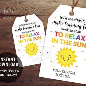 Etiquetas de regalo para maestros, editables, imprimibles y personalizadas, plantilla de etiquetas de regalo de fin de curso, Relájese bajo el sol, descarga instantánea, etiquetas escolares de verano