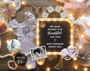 Digital Fall Girl Gender Reveal For Social Media, Its a Girl, Boho Pink Autumn Thanksgiving Rustic Pregnancy Announcement Instagram Facebook