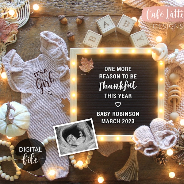 Digitale Herbst Mädchen Gender Reveal für soziale Medien, es ist ein Mädchen, Boho rosa Herbst Thanksgiving rustikale Schwangerschaft Ankündigung Instagram Facebook