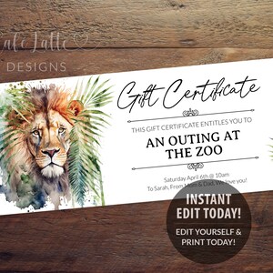 Zoo Geschenkgutschein bearbeitbare digitale Vorlage, druckbare personalisierte Löwe Aquarell Zoo Geschenkgutscheinkarte, Kinder Geschenkidee Instant DIY