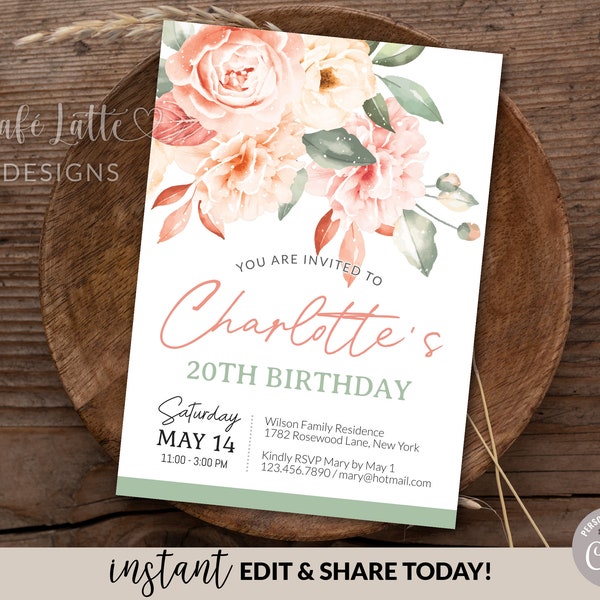 Birthday Invitation Editable Template  / Printable Birthday Invitation / Personalized Peony Floral Invite / Girl Teen Women E-Invite Digital