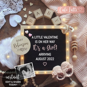 Anuncio de bebé editable en las redes sociales, Día de San Valentín Es una plantilla digital de embarazo de tablero de cartas de revelación de género de niña, Instagram DIY