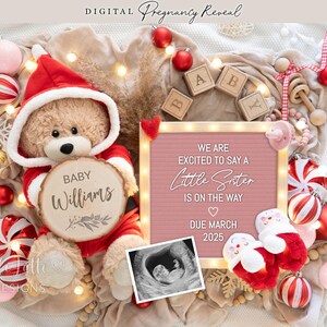 Anuncio de género de hermana pequeña de Navidad, anuncio de embarazo de niña digital para redes sociales, plantilla editable de osito de peluche de Papá Noel