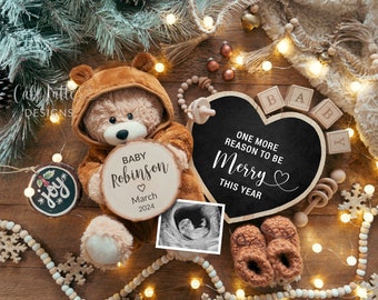 Christmas Digital Pregnancy Announcement For Social Media, One More Reason To Be Merry, Baby Bear With Heart, December Winter Baby Reveal