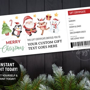 Modèle numérique modifiable de chèque-cadeau de Noël imprimable, carte de coupon-cadeau personnalisée père Noël, cadeau de dernière minute, bricolage instantané