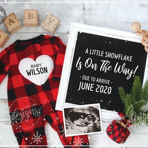 WINTER Pregnancy Announcement, Digital Baby Announcement December January February, Personalized Social Media Baby Reveal Christmas, Plaid Little Snowflake