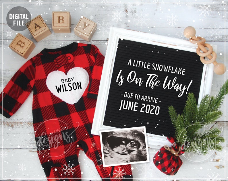 WINTER Pregnancy Announcement, Digital Baby Announcement December January February, Personalized Social Media Baby Reveal Christmas, Plaid Little Snowflake