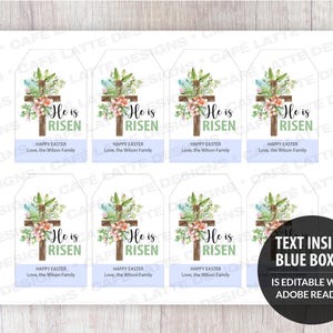 He is Risen gift tags printable, Easter religious gift tags editable template, Happy Easter gift tags DIY, Easter church celebration labels, Easter gift tags with cross flowers and Easter eggs, Easter gift tags instant download
