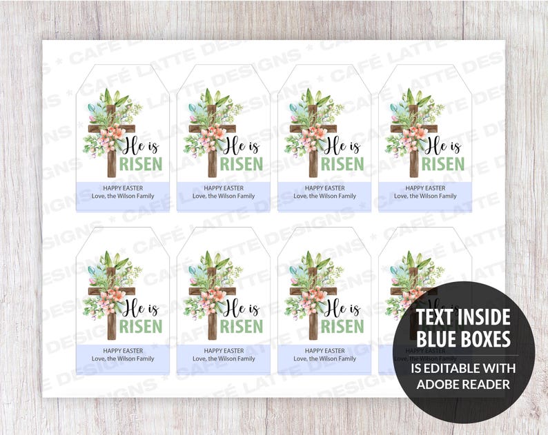 He is Risen gift tags printable, Easter religious gift tags editable template, Happy Easter gift tags DIY, Easter church celebration labels, Easter gift tags with cross flowers and Easter eggs, Easter gift tags instant download
