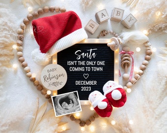 Christmas Pregnancy Announcement Social Media, Digital Boho Santa Isnt The Only One Coming To Town Heart Editable Template Letter Board DIY