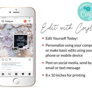 May include: A digital mockup of an Instagram post featuring a baby girl's nursery decor. The post includes a chalkboard sign with the text "We've been keeping a little secret... Baby Robinson August 2023", a pink onesie with the text "It's a girl", and a variety of other decorative items. The post is captioned "Liked by yourfriend, yourfriend and 23 others user_name your caption here #yourhashtag #yourhashtag #yourhashtag"