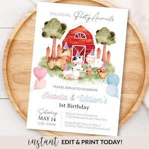 Invitation d'anniversaire de jumeaux animaux de la ferme, modèle modifiable d'invitation de fête d'anniversaire de ferme garçon et fille, invitation à tous les animaux de la ferme imprimable