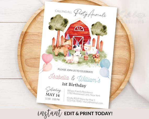 Farm Animals Twins Birthday Invitation, Boy & Girl Farm Birthday Party Invite Editable Template, Calling All Farm Animals Invite Printable