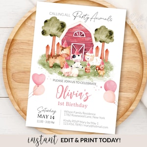 Faire-part d'anniversaire fille animaux de la ferme, invitation de fête d'anniversaire ferme rose, modèle modifiable, invitation d'anniversaire animaux de la ferme imprimable