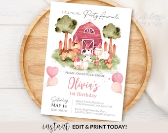 Invitación de cumpleaños para niña con temática de animales de granja, plantilla editable para fiesta de cumpleaños de la granja rosa, invitación imprimible para llamar a todos los animales de granja