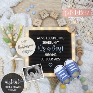 Editable Boy Easter Baby Anuncio Redes sociales, Eggs lookinging Somebunny, Es un niño Género Revelar Carta Tablero Plantilla Digital de Embarazo