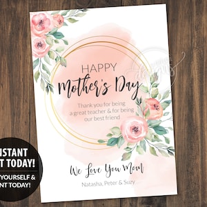 Tarjeta imprimible editable del FELIZ DÍA DE LA MADRE para mamá, tarjeta personalizada de hija e hijo, tarjeta para abuela, 5x7, flores, bricolaje instantáneo